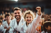 Digital photo of a child celebrating a victory in a judo competition together with the coach
