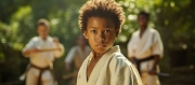 African-American boy in kimono poses in the foreground while kids practice karate outdoors.