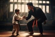 In a dojo, a father guides his sun through martial arts stances with focus and mutual respect, blurred background
